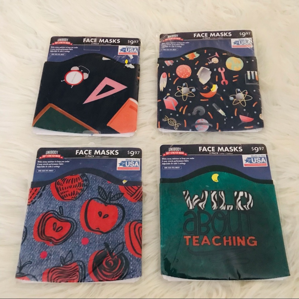 Face Masks Teacher themed 4 packs 8 masks new!